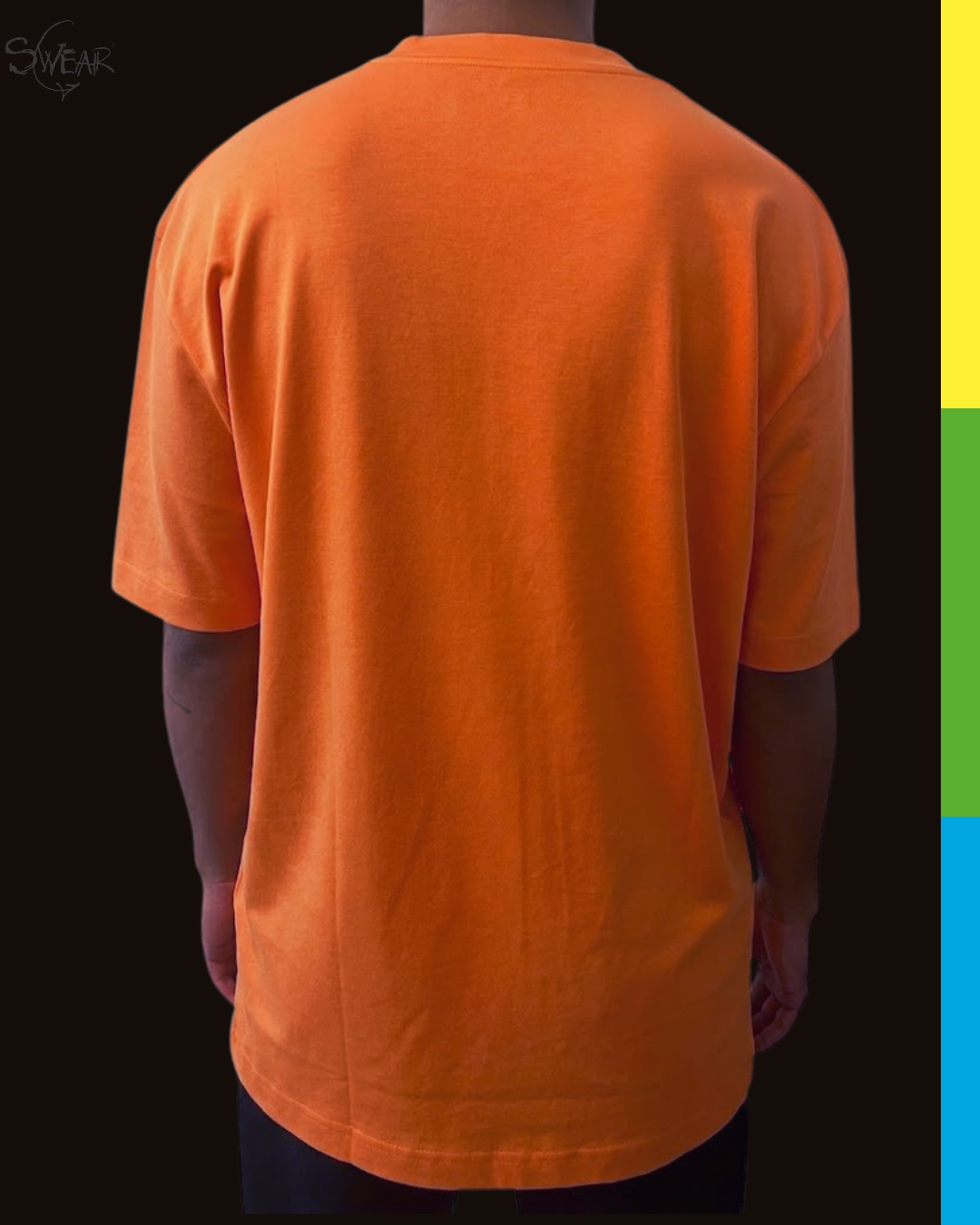 A person shown from the back wearing a bright orange short-sleeve t-shirt against a black background, with a vertical color swatch strip on the right side of the frame.