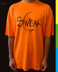 An oversized bright orange t-shirt with a black 'SWEAR' graphic printed on the front, worn by a model against a black background.