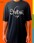A person wearing a black oversized T-shirt with a large white 'SWEAR' graphic across the chest, shown against a bright orange background with a vertical multicolor stripe on the right edge.