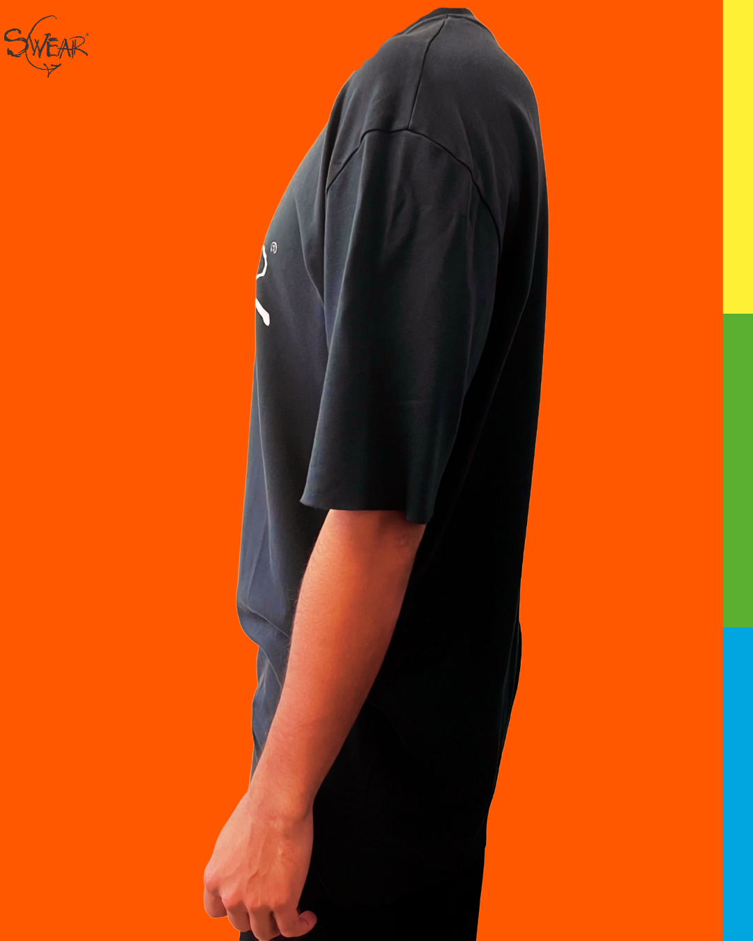 A side profile of a person wearing a dark charcoal gray t-shirt and black pants, set against a vibrant orange background with a vertical multicolor stripe on the right edge and a 'SWEAR' logo in the top-left corner.